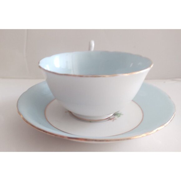 Vintage Grafton England Wide Mouth Tea Cup & Saucer set Blue & Floral 1950's - Picture 4 of 14